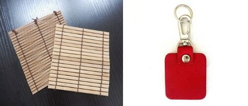 すだれのコースターと牛革のキーホルダーの写真