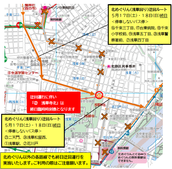 北めぐりん（浅草回り）迂回ルート図