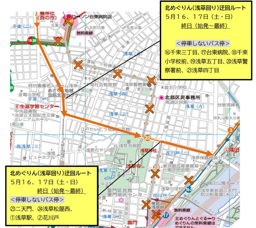 北めぐりん（浅草回り）迂回ルート図