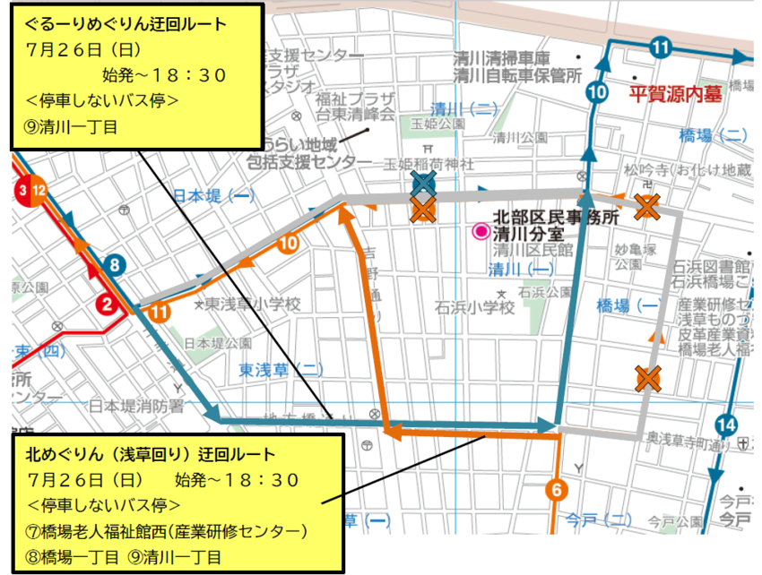 北めぐりん(浅草回り)迂回ルート図