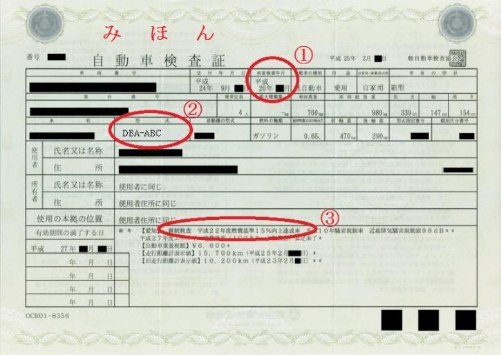 車検証の見本です。初度検査年月、排出ガス基準、燃費基準を確認できます